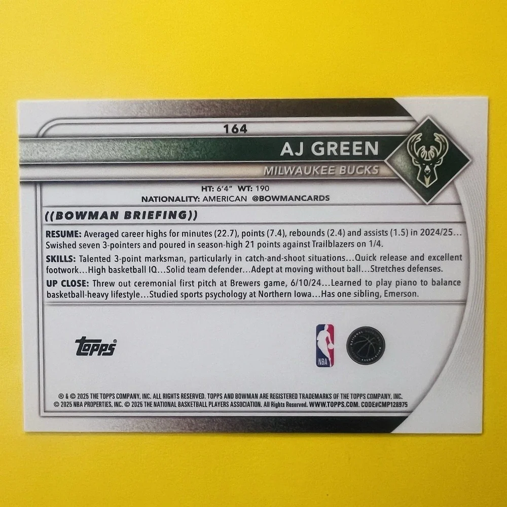 2025-26 Topps Bowman Basketball AJ Green #164 Milwaukee Bucks‎ Rookie Card